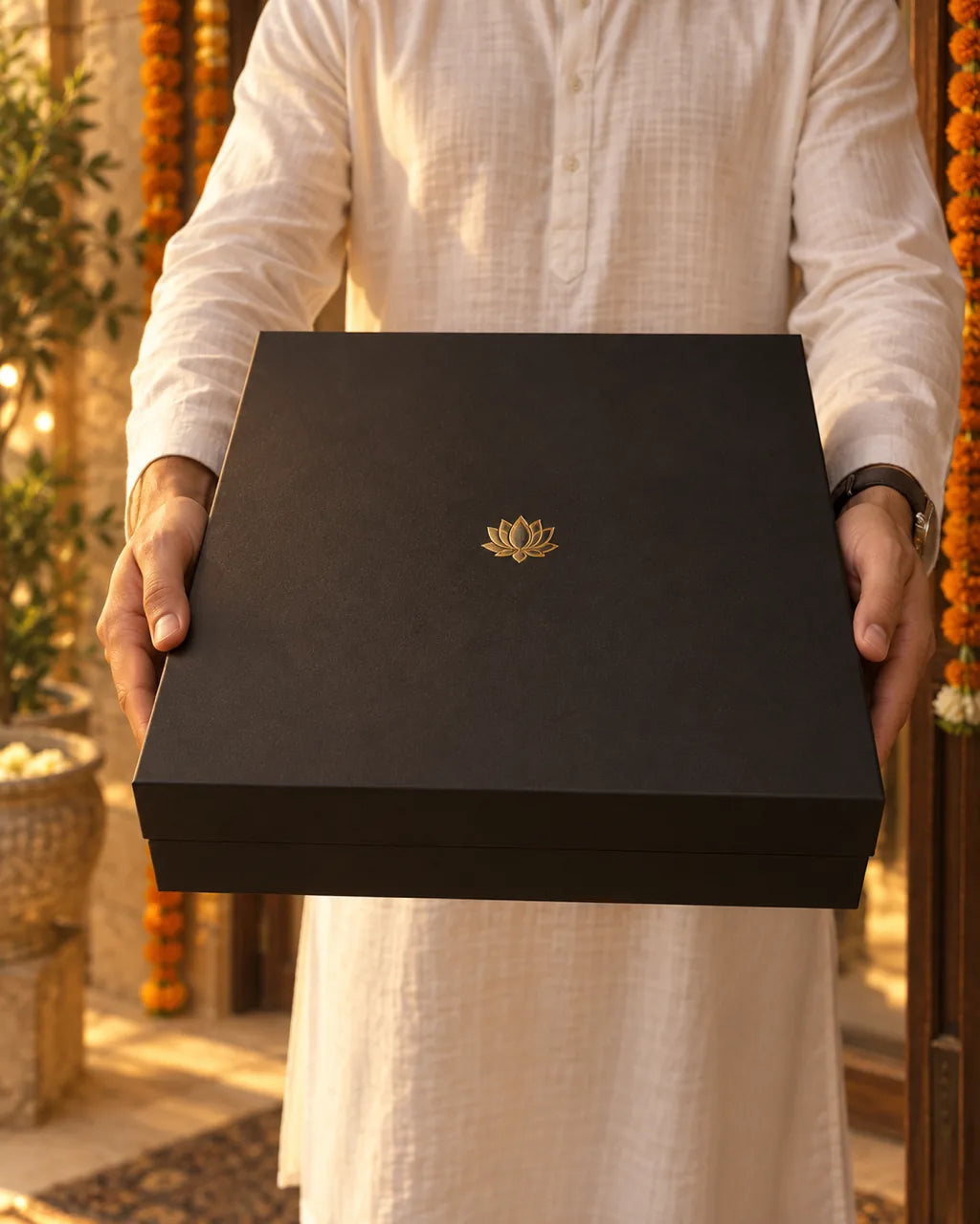 Hands holding out the black keepsake box as a gift at a doorway