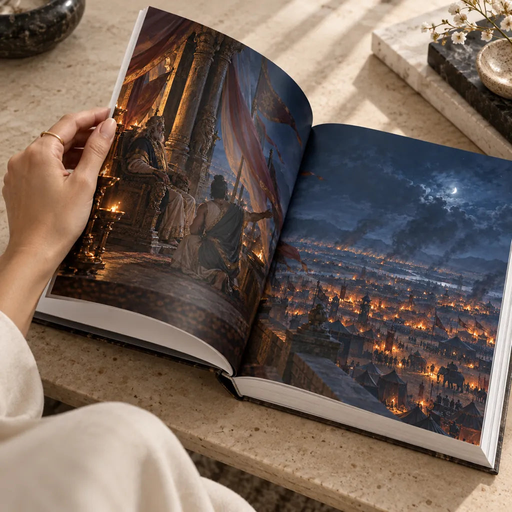 A hand turning a heavy page of the book, a painting of war camps at night on it