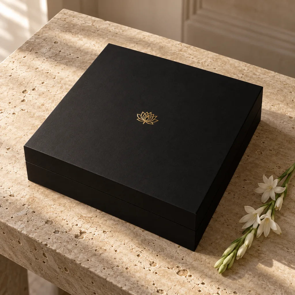 The closed black keepsake box with a small gold lotus on the lid