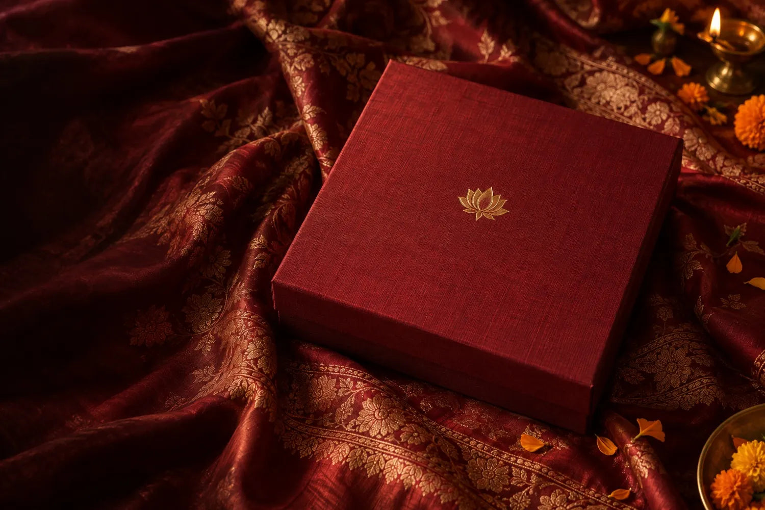 A square gift box in red raw silk with a gold lotus on its lid, resting on red silk brocade beside a lit brass diya