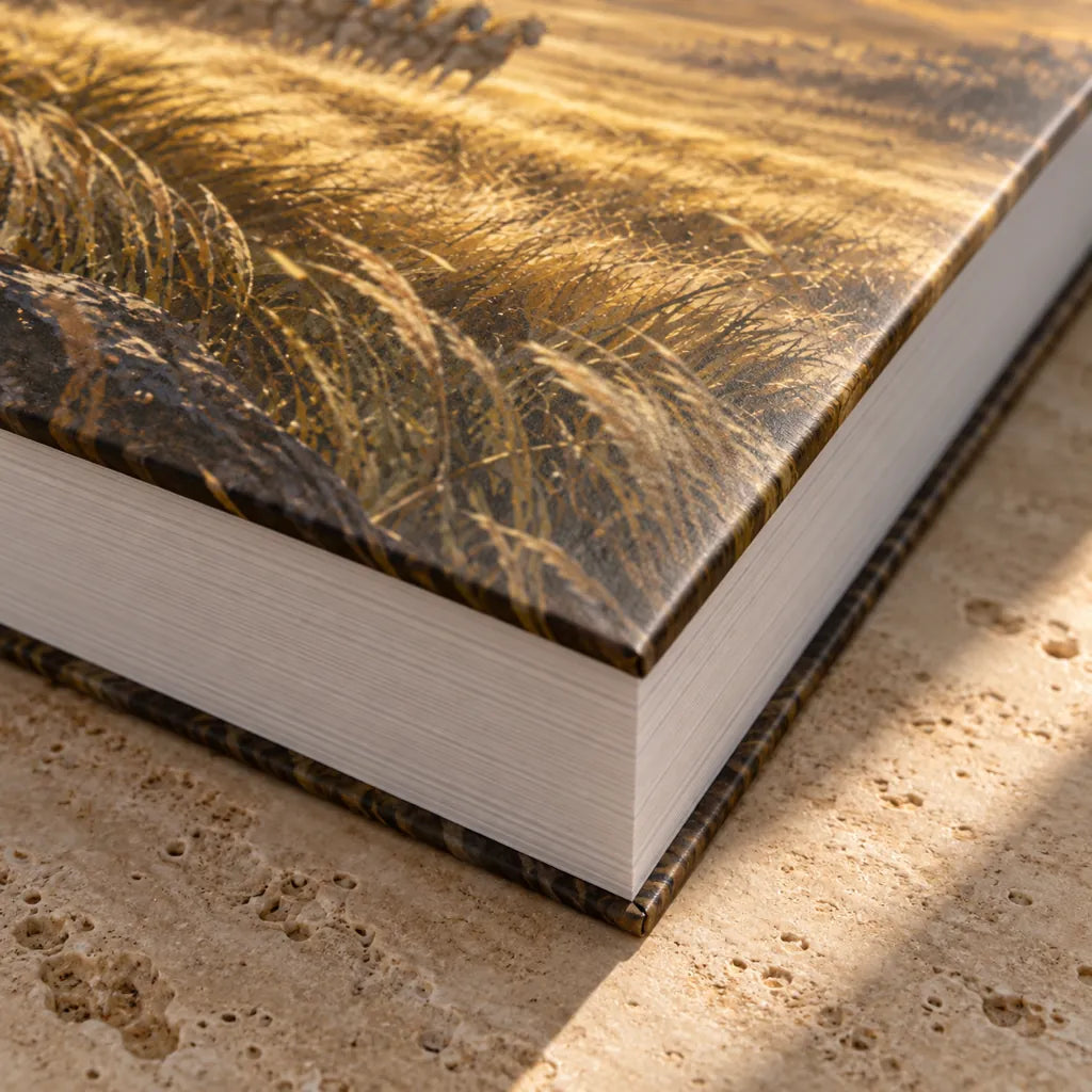 The corner of the closed book showing the thick block of heavy pages