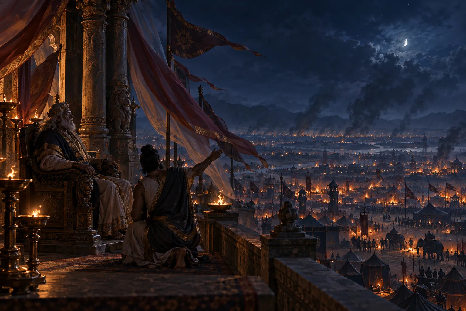 The night before, Sanjaya tells the blind king what he sees.