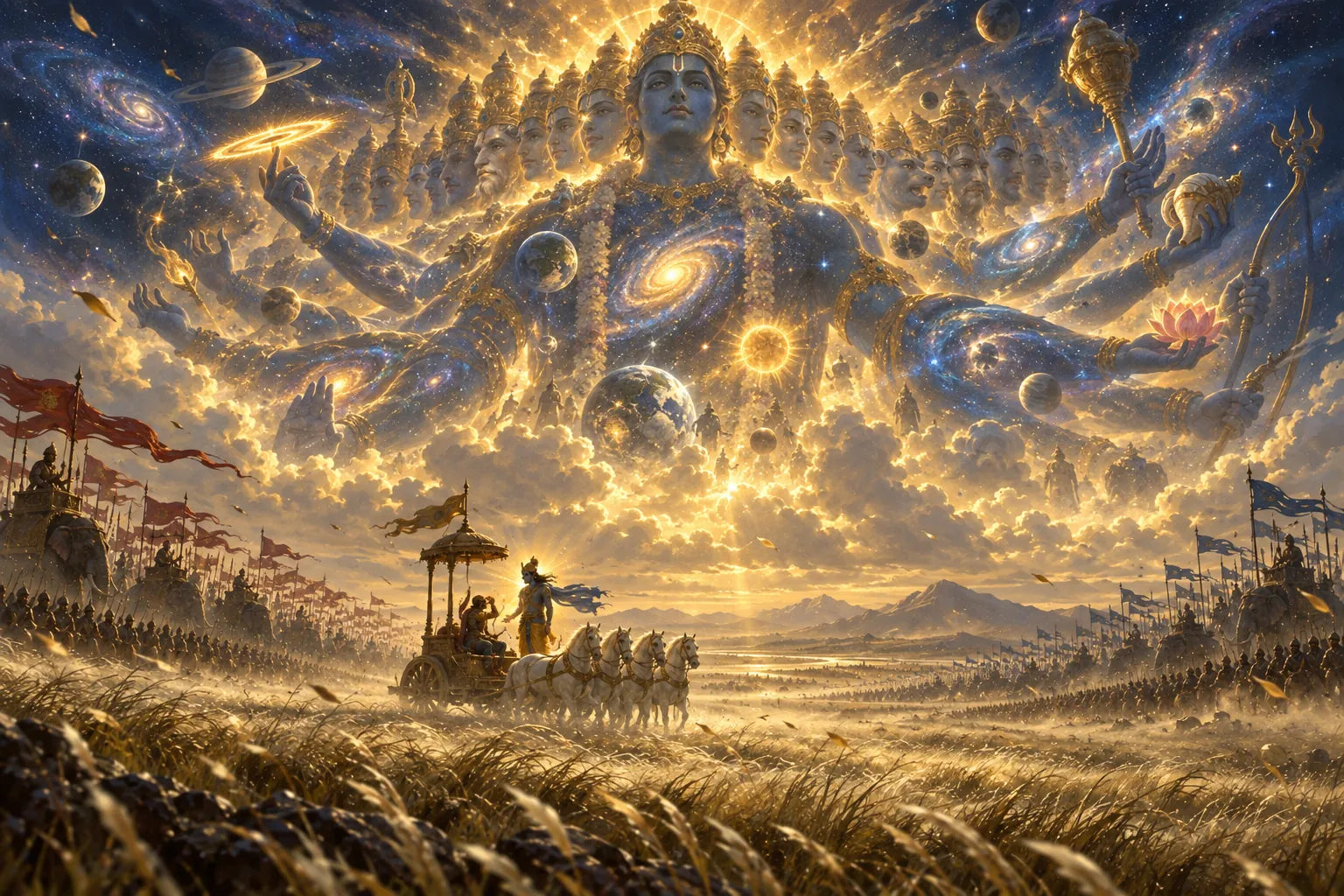 Krishna shows Arjuna his cosmic form.