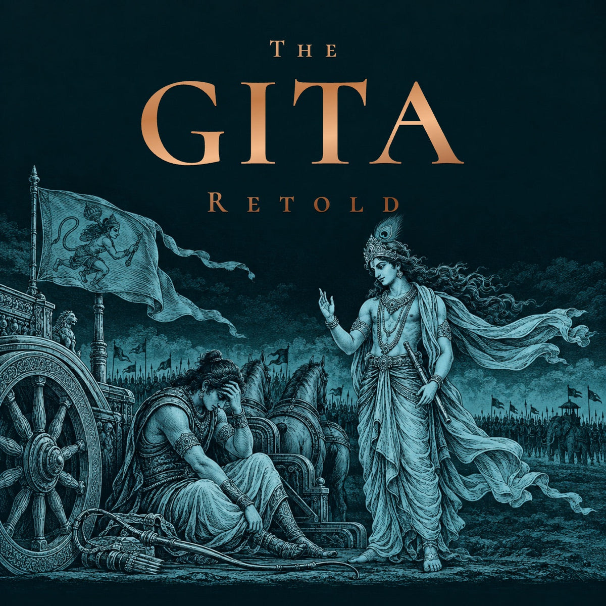 The Gita, Retold: foil title over an engraving of Krishna standing beside Arjuna