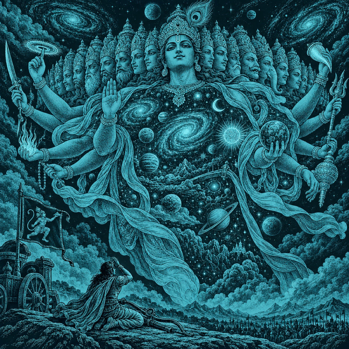Chapter 11 illustration: Krishna's cosmic form filling the sky