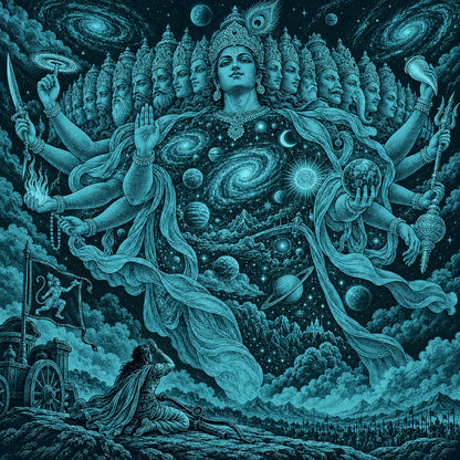 Chapter 11 illustration: Krishna's cosmic form filling the sky