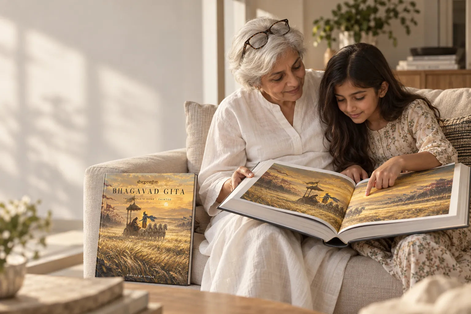A grandmother and her granddaughter reading the open book together on a sofa