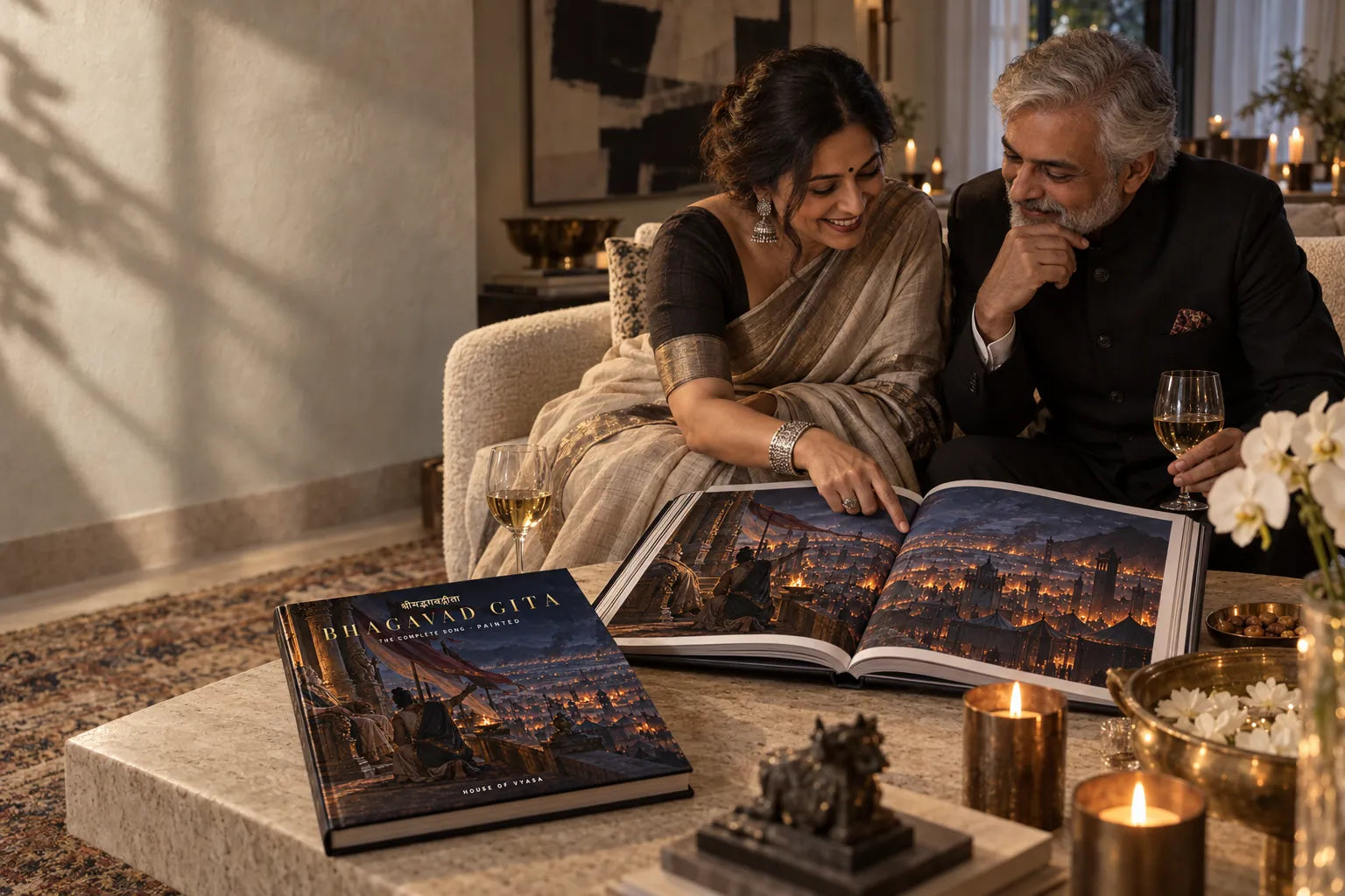 Two guests at an evening gathering leaning over the open book on the coffee table