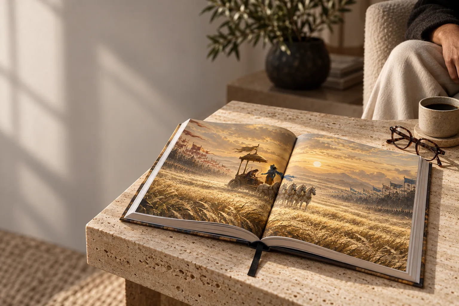 The book lying open on a coffee table at a painting of a golden plain and a single chariot