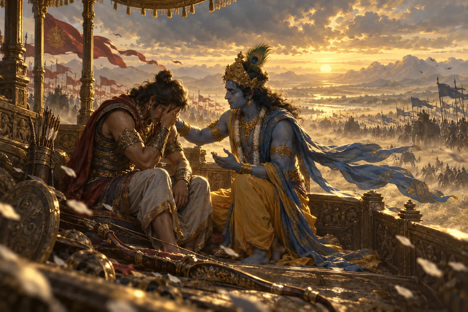 Arjuna puts down his bow, and Krishna kneels to talk to him.